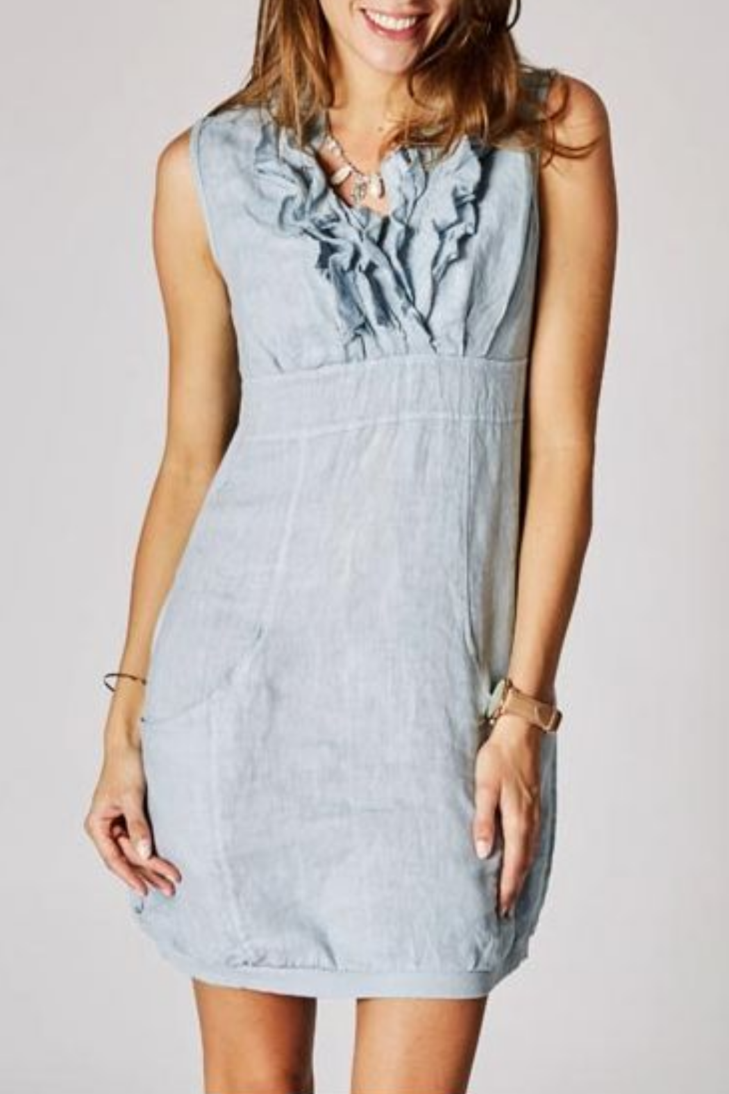 Linen V-Neck Ruffle Dress