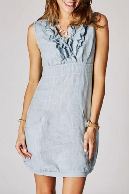 Linen V-Neck Ruffle Dress