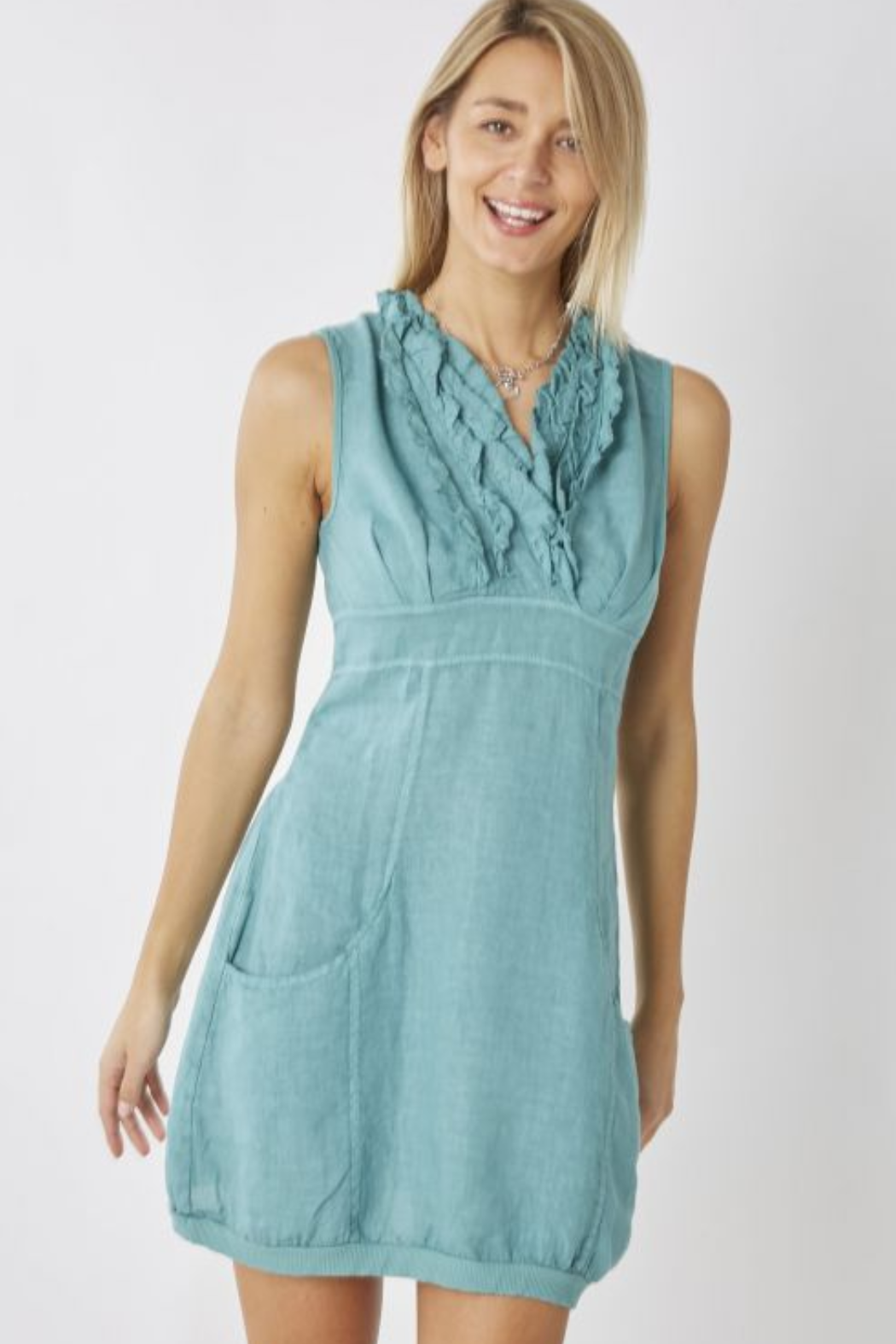 Linen V-Neck Ruffle Dress