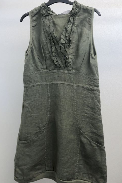 Linen V-Neck Ruffle Dress