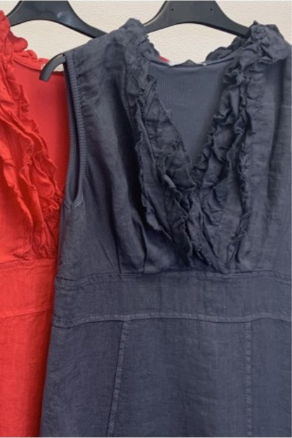Linen V-Neck Ruffle Dress