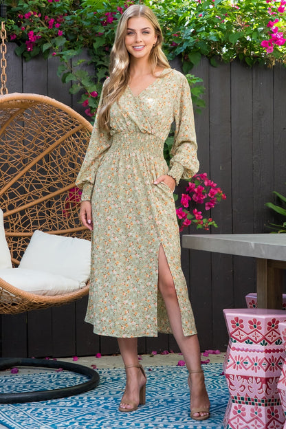 Floral Sage Slit Midi Dress