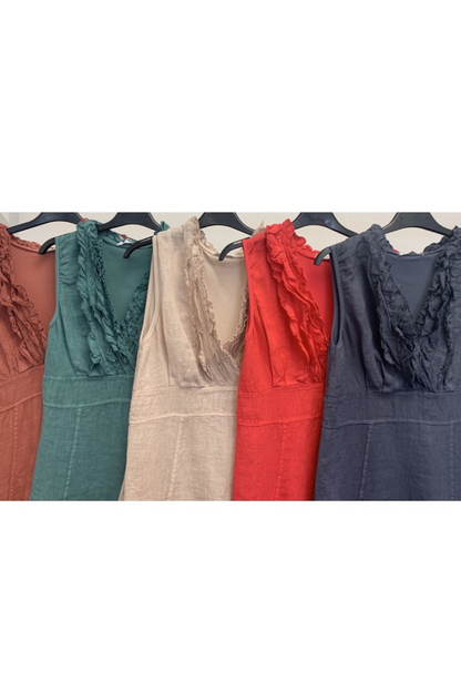 Linen V-Neck Ruffle Dress