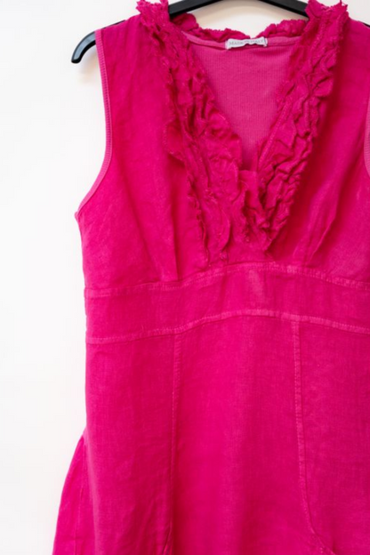 Linen V-Neck Ruffle Dress