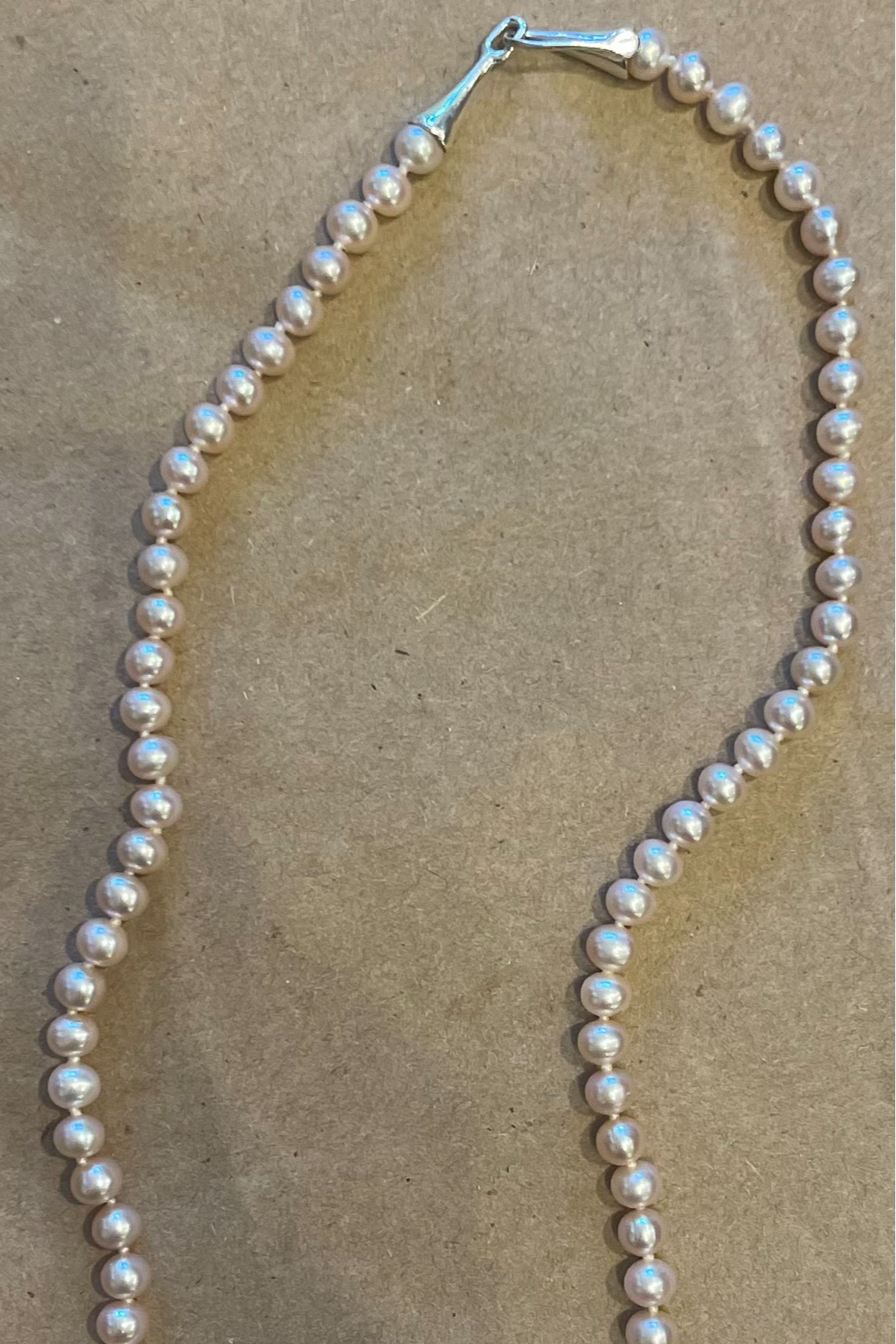 Gabrielle Sanchez  Necklace 16 " Long / 5.5mm Baby Pink Freshwater Pearls on small silver cone hk & eye