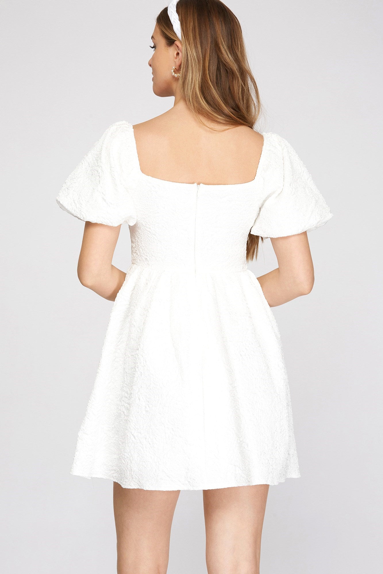 Jacquard Puff-Sleeve Babydoll-Dress