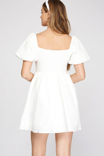 Jacquard Puff-Sleeve Babydoll-Dress