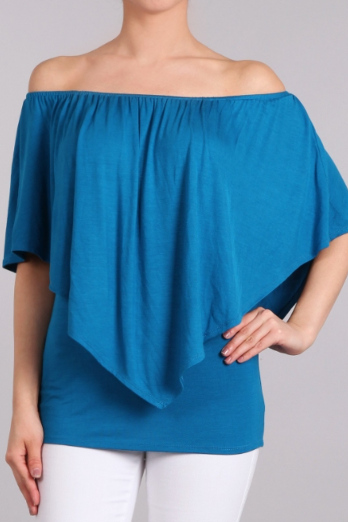 Convertible Elasticized Neckline Top - Pacific Blue