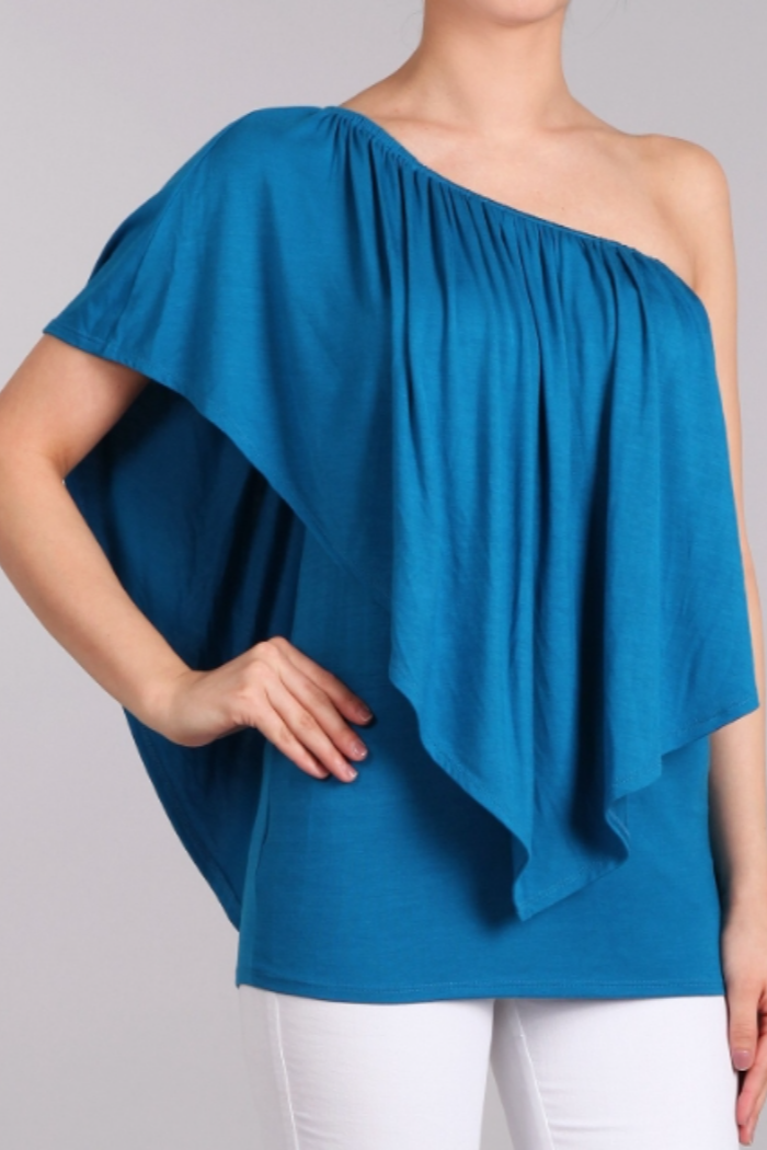 Convertible Elasticized Neckline Top - Pacific Blue