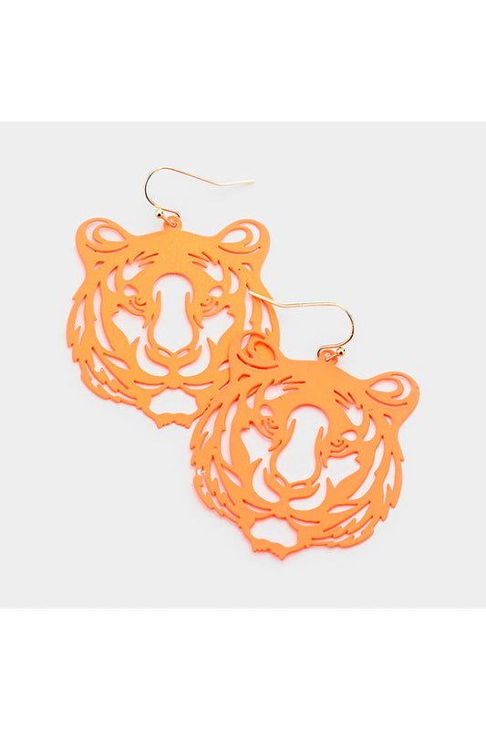 Brass Metal Cut Out Tiger Dangle Earrings