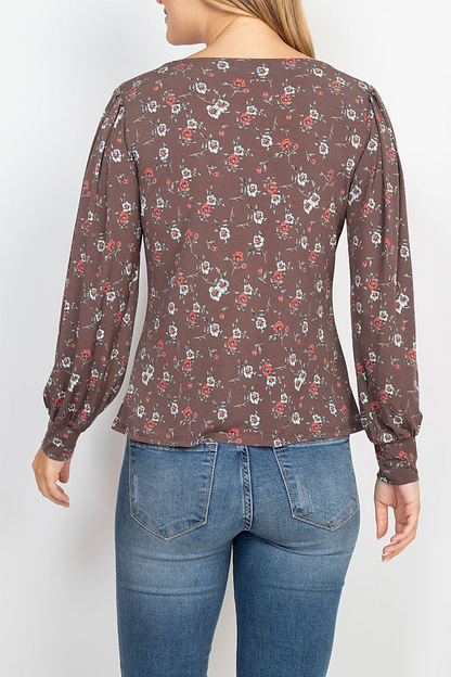 BUBBLE SLEEVE FLORAL PRINT ROUND TOP