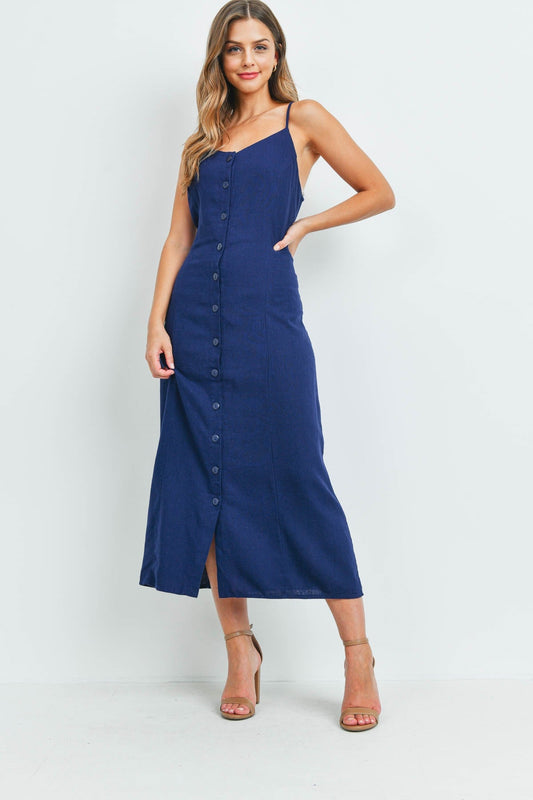 Linen Buttons Crossed Back Midi Dress