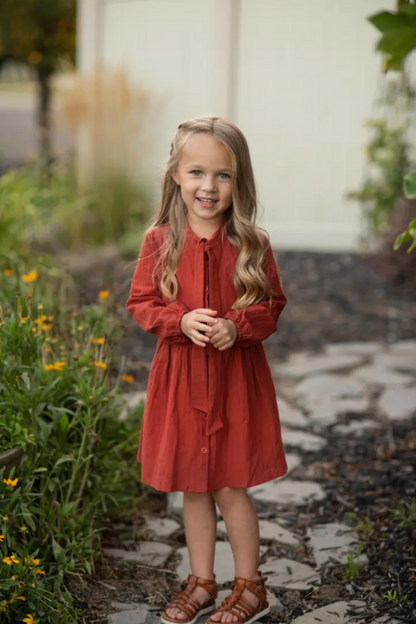 Kids Button Long Sleeve Bow Dress