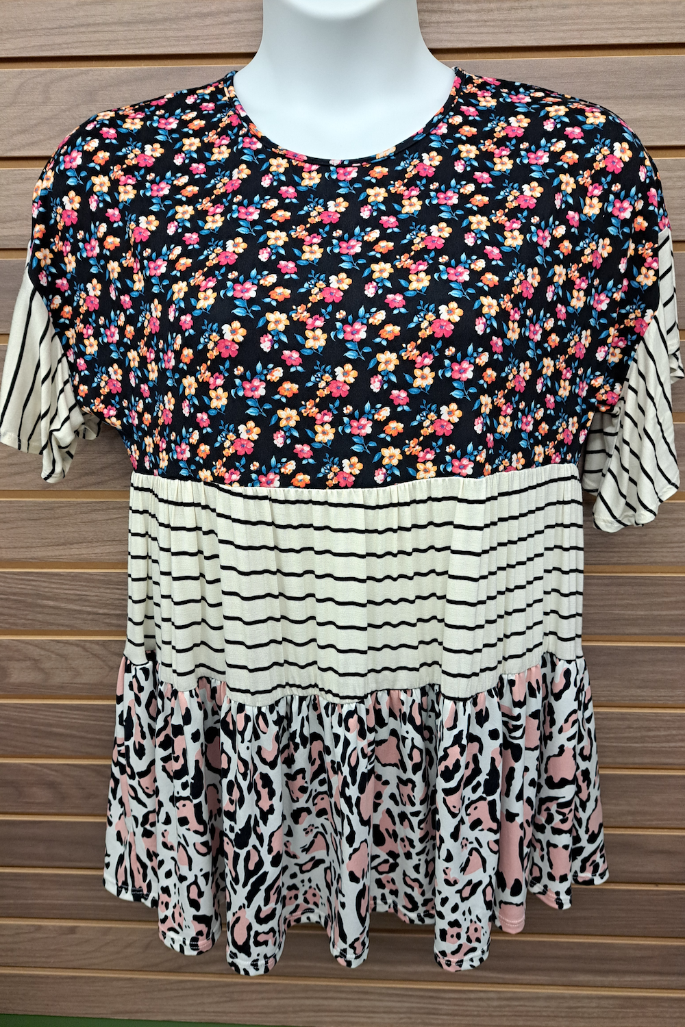 Color block floral stripe leopard short sleeve