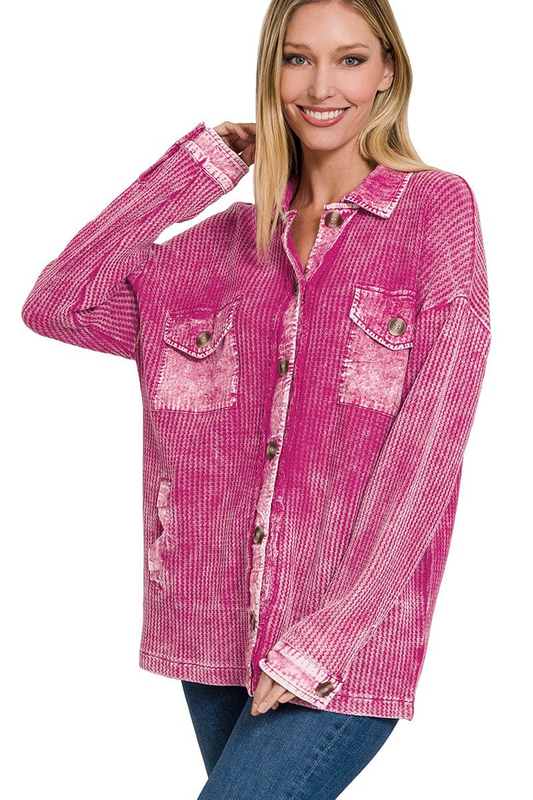 COTTON WAFFLE ACID WASH OVERSIZED SHACKET