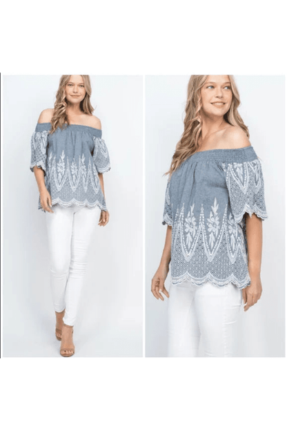 Denim color off shoulder embroideRed top