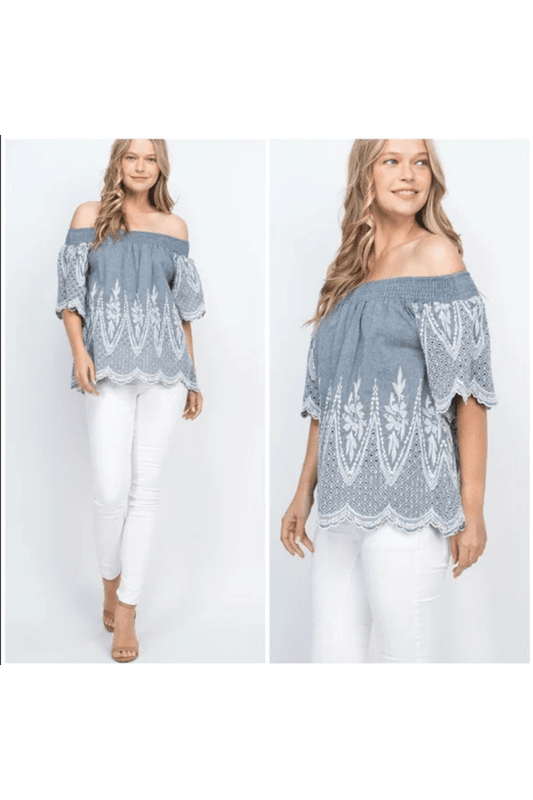 Denim color off shoulder embroideRed top