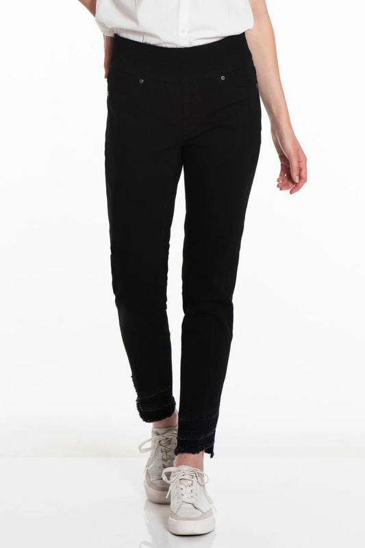pull on assym fringe hem ankle black denim pant
