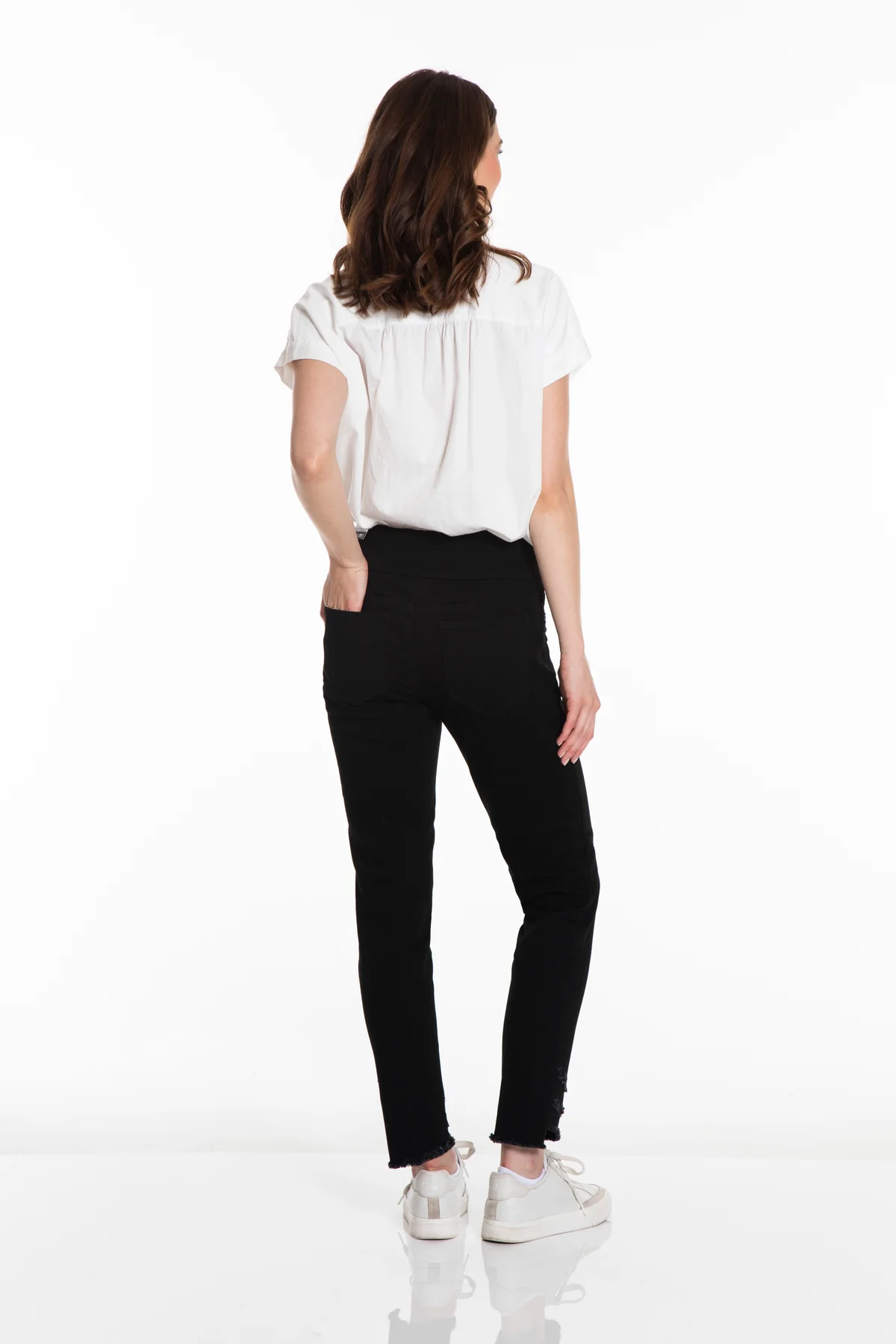 pull on assym fringe hem ankle black denim pant