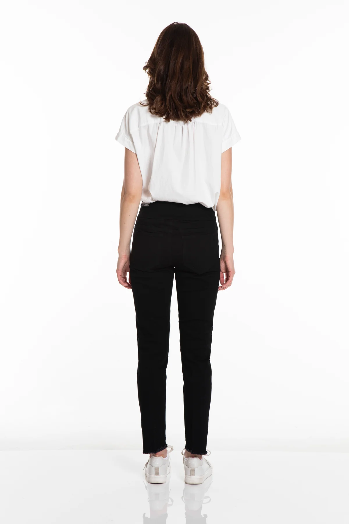 pull on assym fringe hem ankle black denim pant