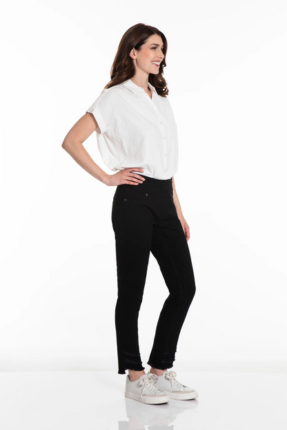 pull on assym fringe hem ankle black denim pant