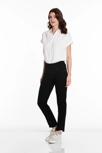 pull on assym fringe hem ankle black denim pant