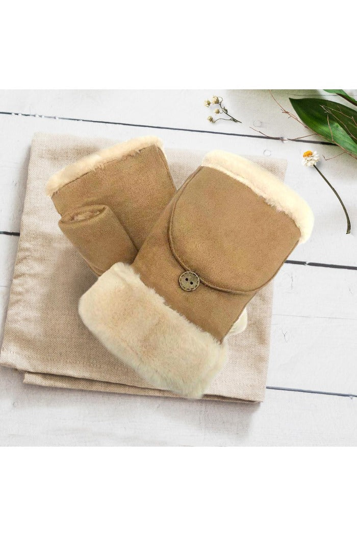 Faux Fur Lined Suede Pop Top Mitten Gloves