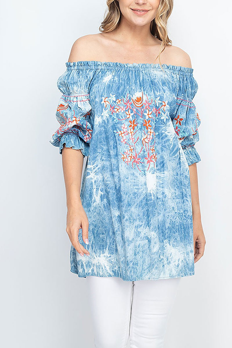 FLORAL EMBROIDERed OFF SHOULDER TIE