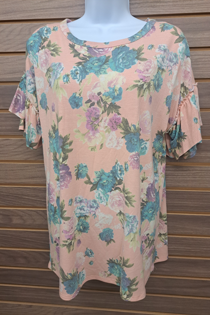 Floral tieRed ruffle sleeve