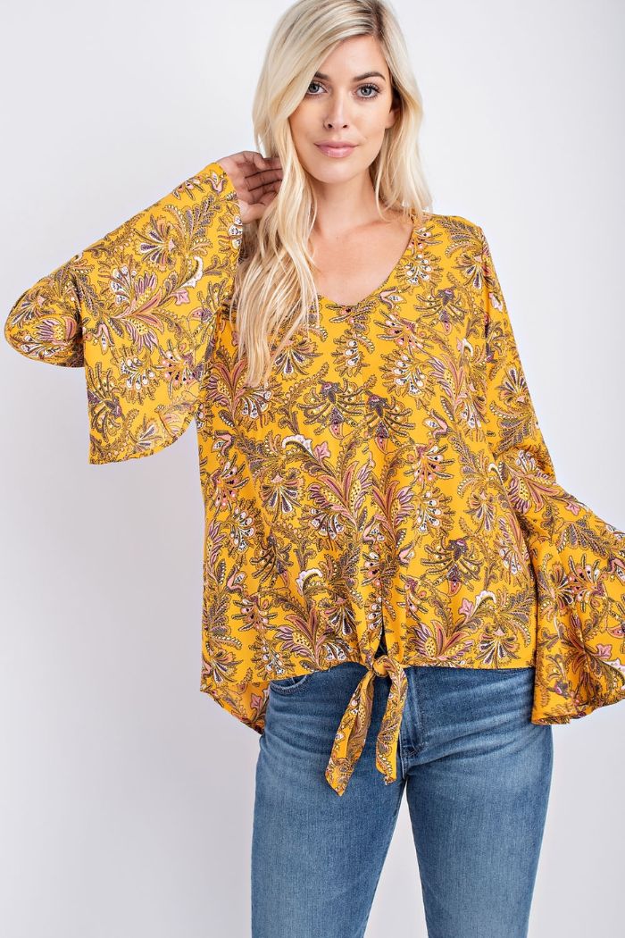 Golden yelolw w/floral front tie blouse