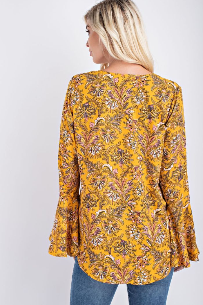 Golden yelolw w/floral front tie blouse