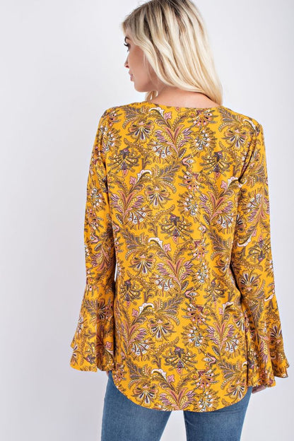 Golden yelolw w/floral front tie blouse