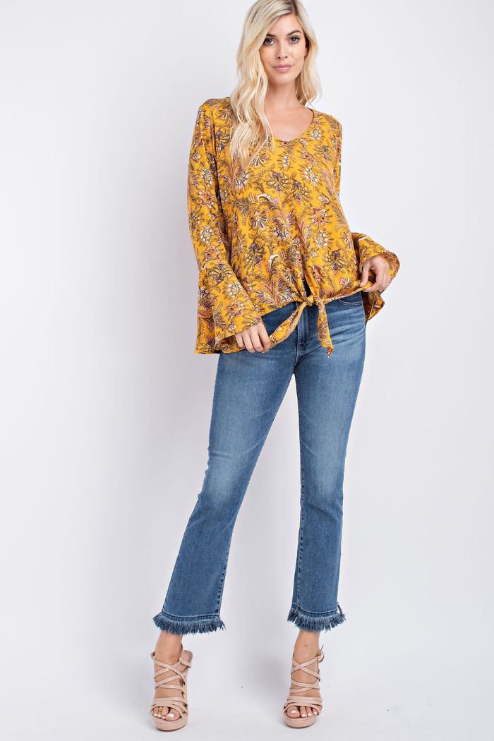 Golden yelolw w/floral front tie blouse