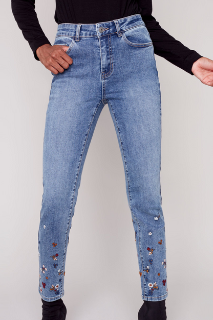 Embroidered bottom slim pant