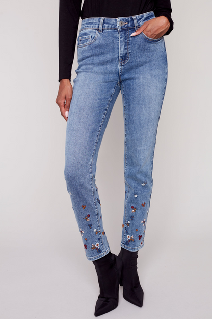 Embroidered bottom slim pant