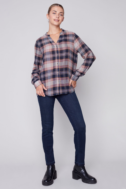 Navy Grey Pink Plaid Blouse