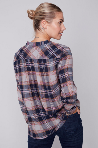 Navy Grey Pink Plaid Blouse