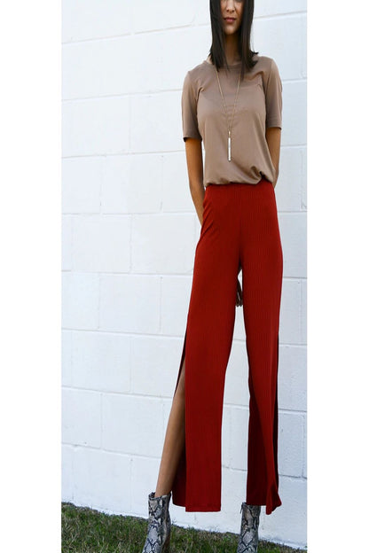 Ribbed-Knit Wide-Leg Side-Slit Pant