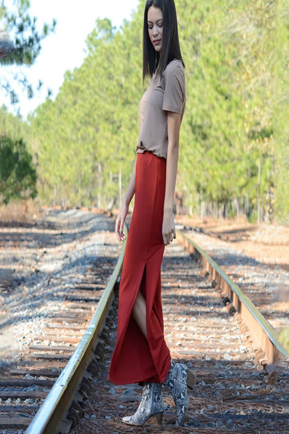 Ribbed-Knit Wide-Leg Side-Slit Pant