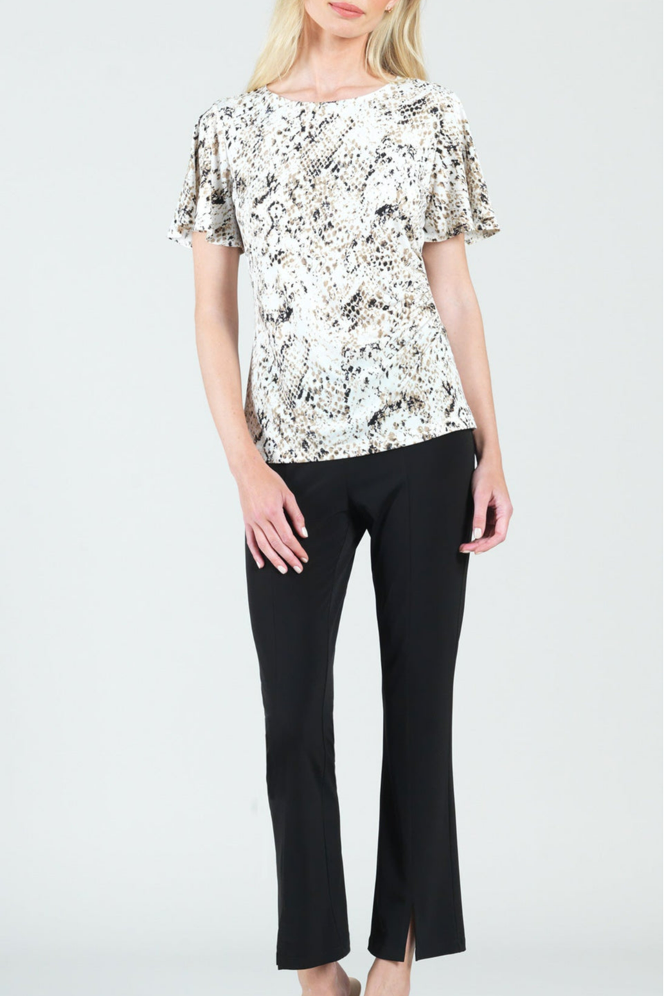 Python-Print Side-Cinched Half-Sleeve Top