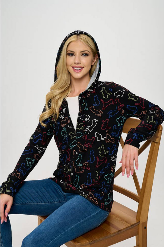 Cat Print Zipper Hoodie