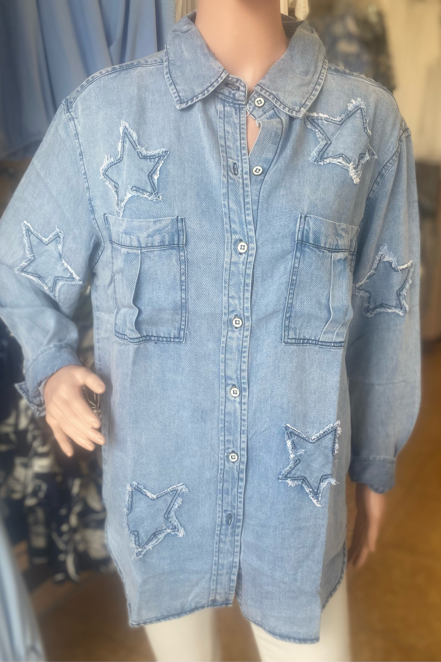 Denim Tencel Button Up with Star Appliqué