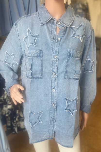 Denim Tencel Button Up with Star Appliqué