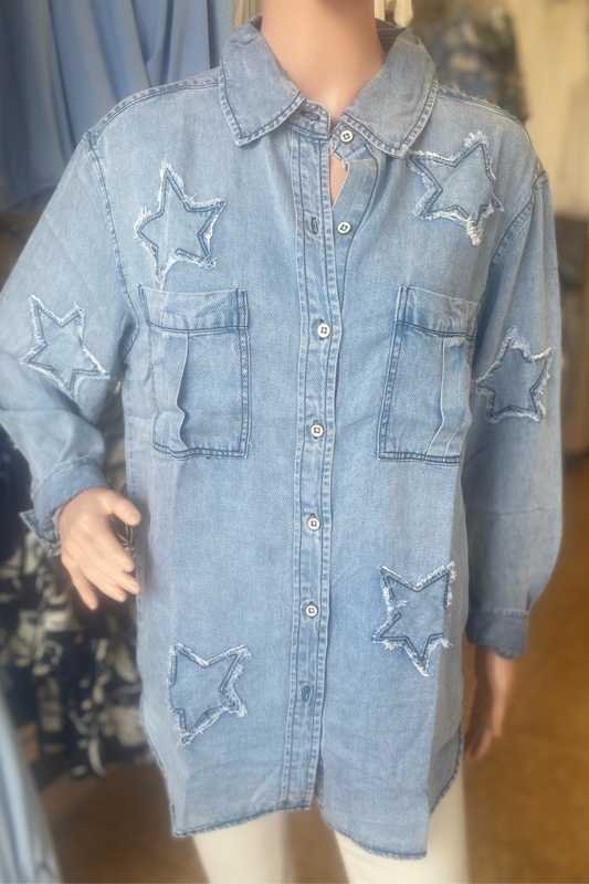 Denim Tencel Button Up with Star Appliqué