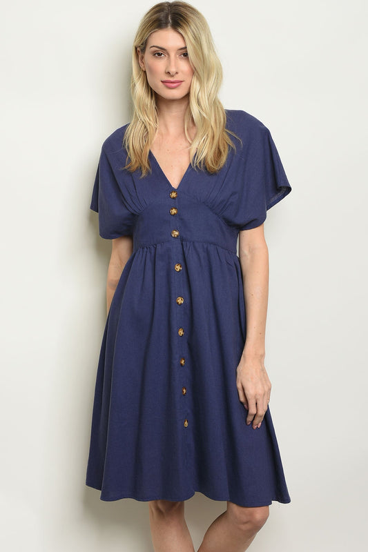 Navy Linen Buttons Dress