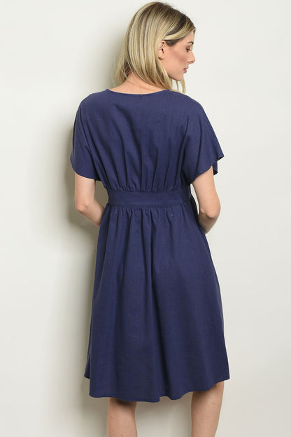 Navy Linen Buttons Dress