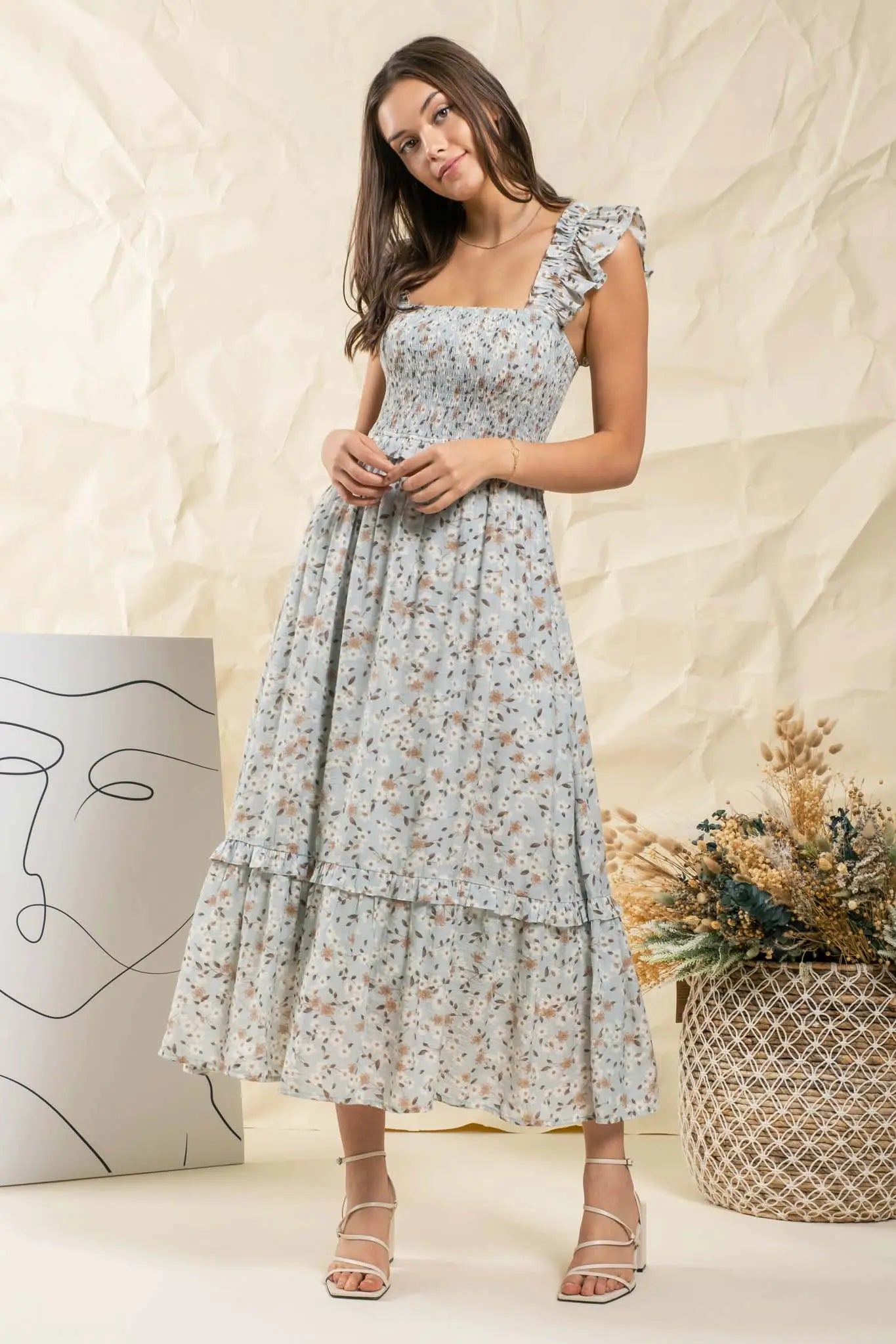 Ruffle Mint Ditsy Floral Midi Dress