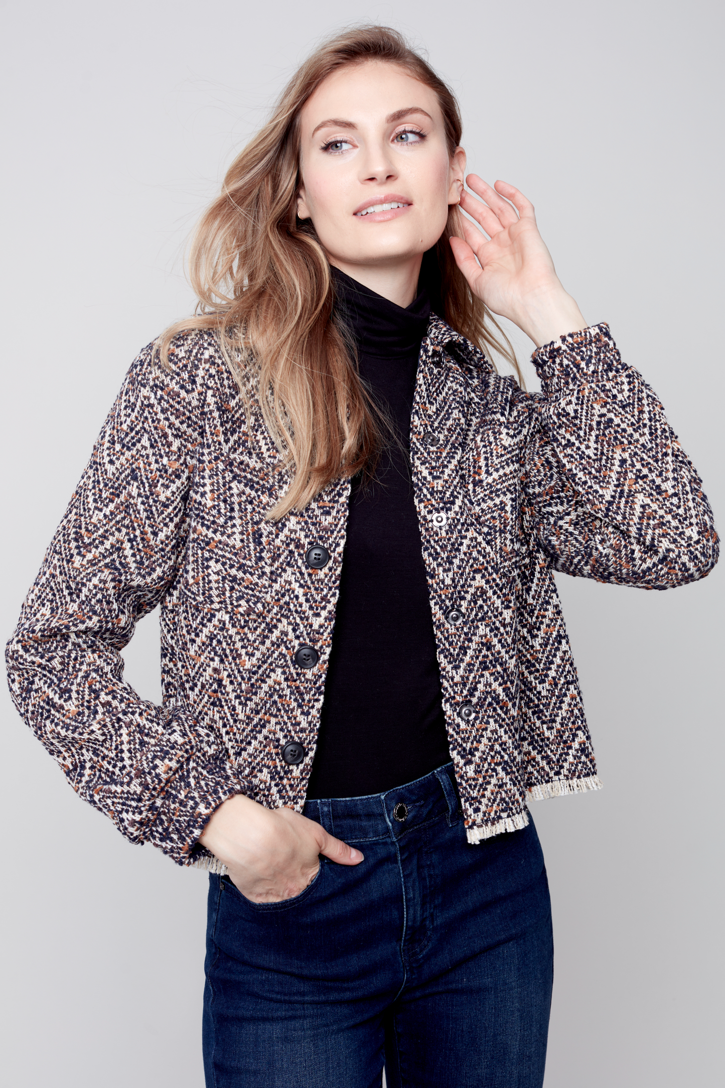 Tweed Cropped Shirt w/Zig Zag Pattern