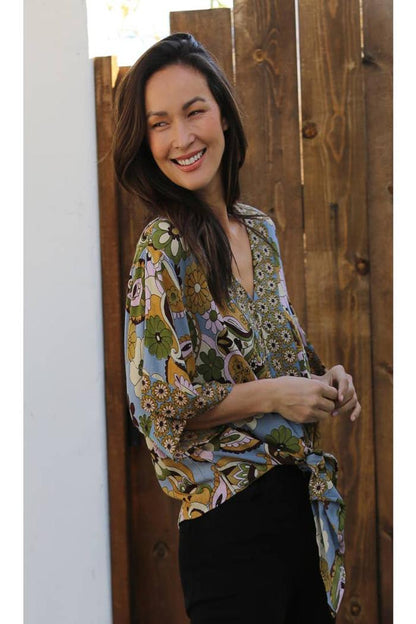 V Neck Tie Waist Kimono Sleeve Blouse