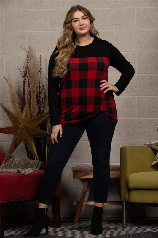 Black/ Madras Print Front Knot Plus Size Top